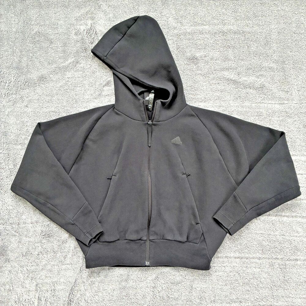 Adidas ZNE Full Zip Boxy Cropped Black Hoodie Womens XS Premium Fleece Jacket